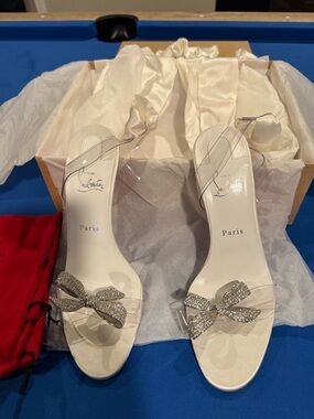 Christian Louboutin Ivory Satin Heels with Crystal Bow